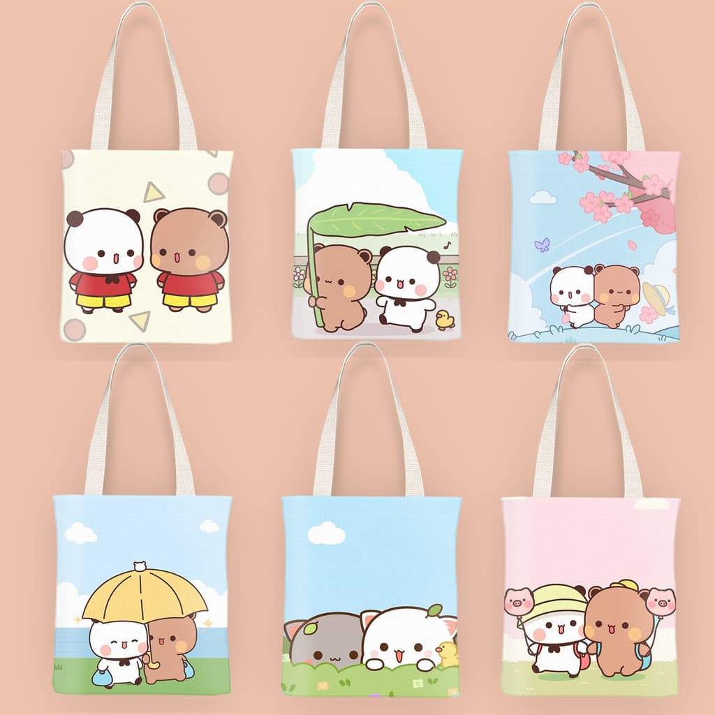 Um dois pano pano mercadoria bolsa de lona bonito bonito Panda dos desenhos animados mesmo estilo estudante das mulheres