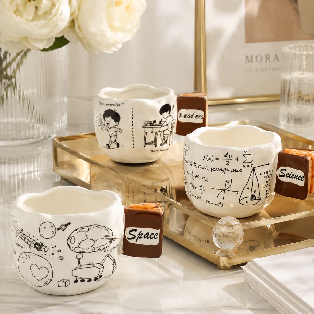 Xícara de café com tema de aprendizagem criativa | Design de fórmula matemática, copo exclusivo com alça em formato de l