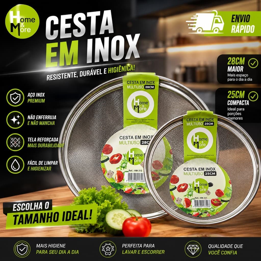 Escorredor Inox Multiuso 25cm 28cm Cesta Cozinha Premium