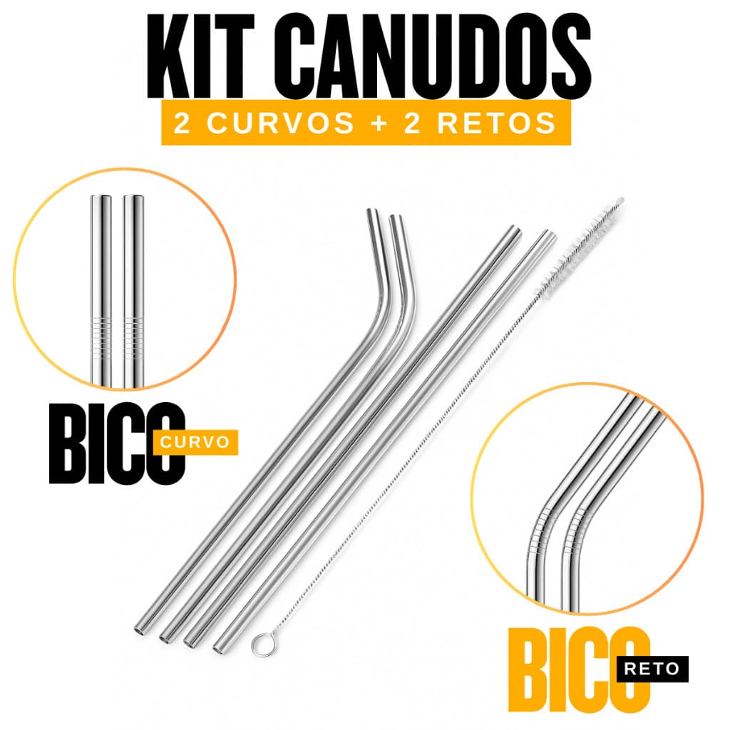 Kit 4 Canudos De Aco Inox Reutilizavel Reto Curvo Com Escova De Limpeza Drinks Suco