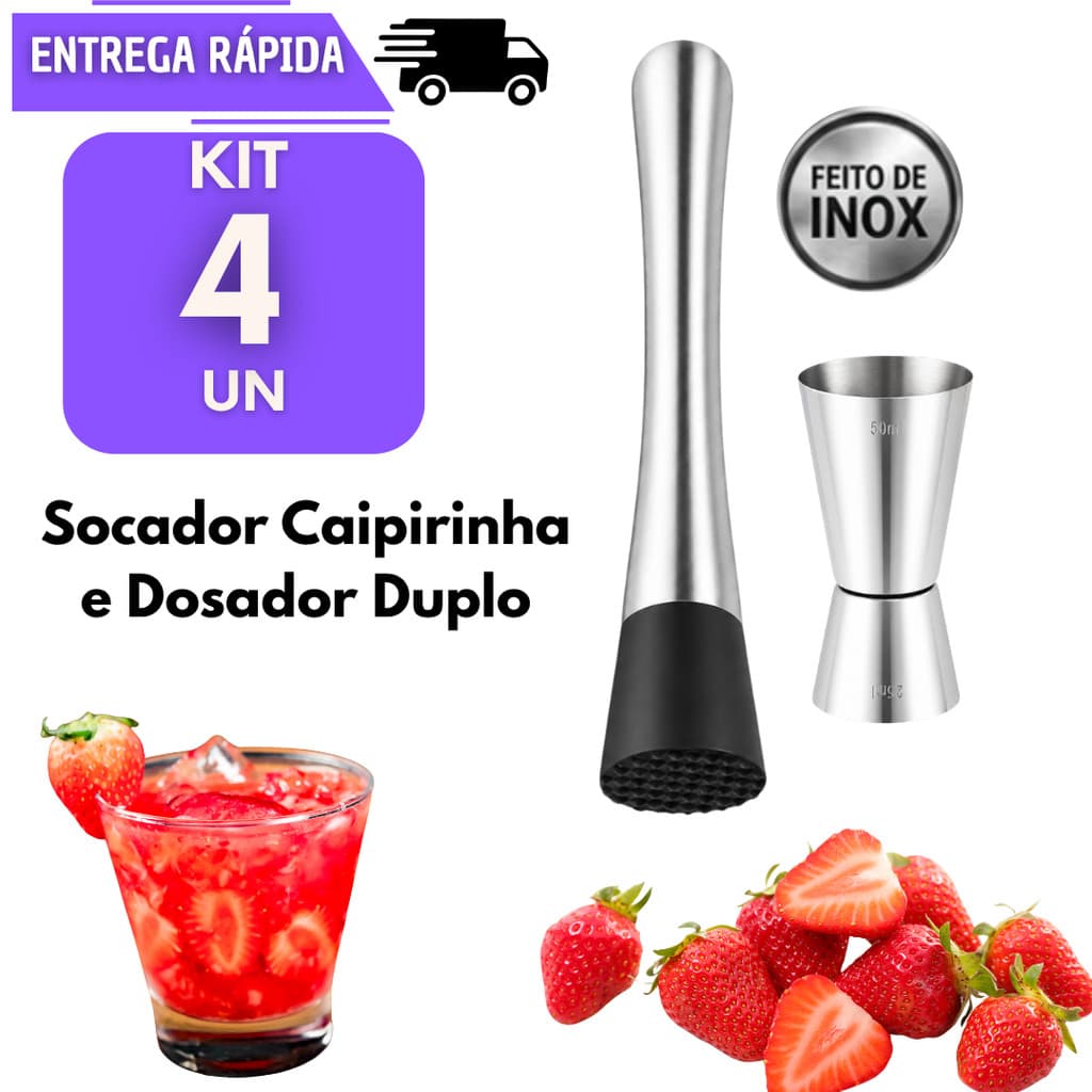 Kit Caipirinha 4 Socador e 4 Dosador Duplo Bebidas Inox 25ml 50ml Drinks Coquetel Combo Bar Barman Macerador Bebida
