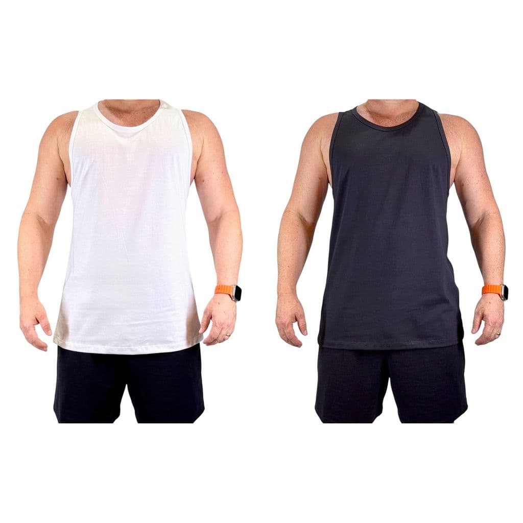 Kit 2 Regatas Alongadas Masculinas 100% Algodão Preta e Branca Longline
