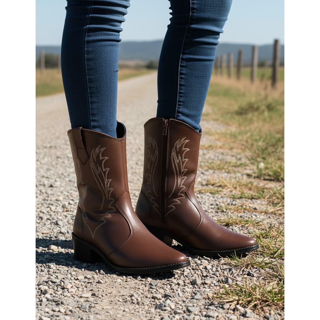 Bota Texana Feminina Country Bico Redondo Bordada Básica Salto 4cm Cano Começo da Panturrilha