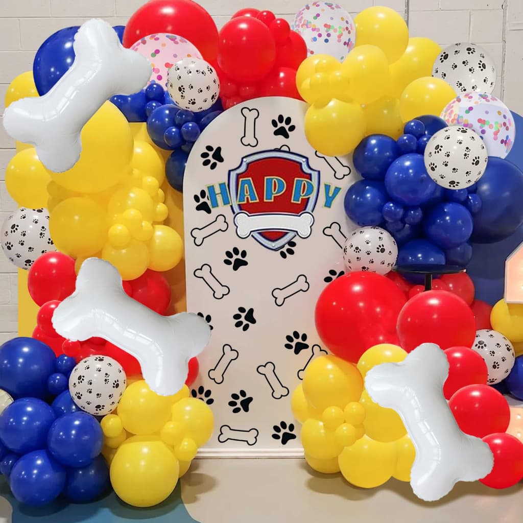 Conjunto de 76 peças de decoração de arco de balões de látex em formato de osso de cachorro nas cores vermelho, amarelo