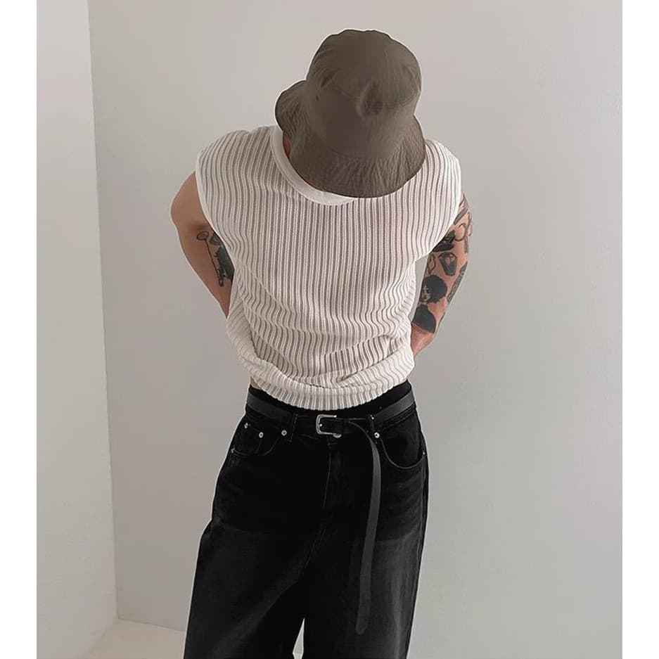 Estilo americano oco colete de malha masculino legal seda solta sem mangas camiseta legal colete transparente estilo cor