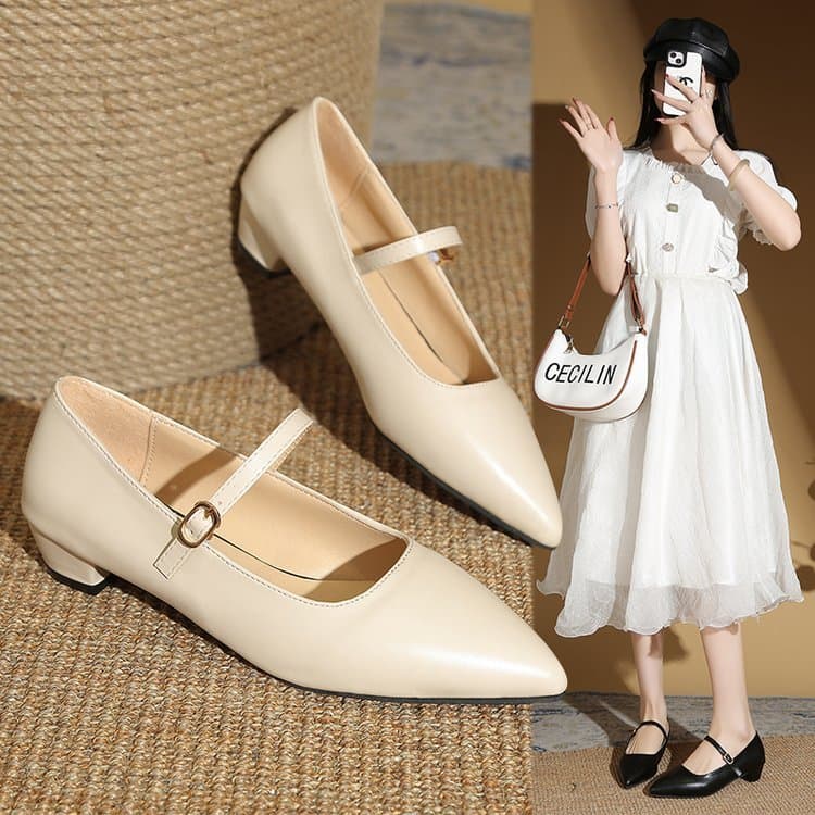 2025 novo estilo outono estilo francês salto grosso boca rasa salto alto feminino Mary Jane sapatos com saia salto alto