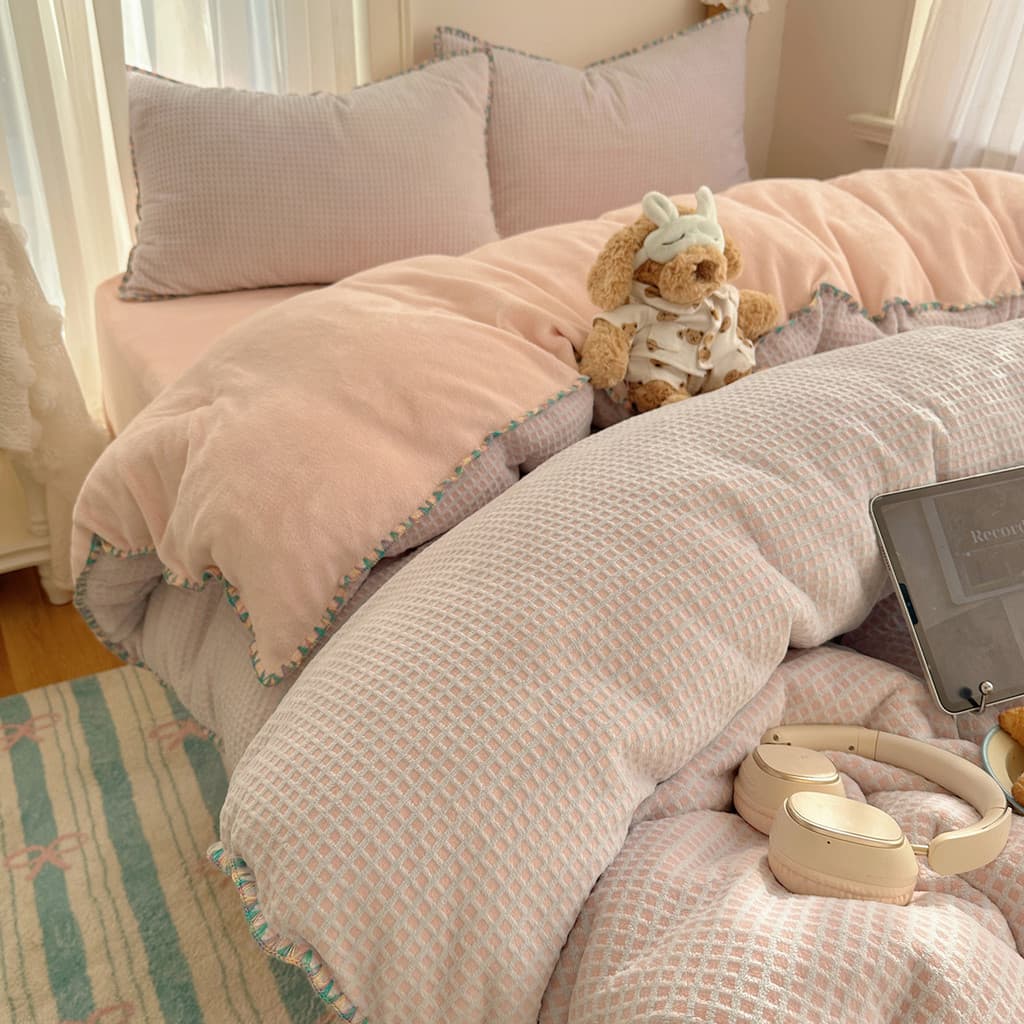 Inverno Waffle leite veludo cama conjunto de quatro peças dupla face camurça colcha capa dormitório folha conjunto de tr