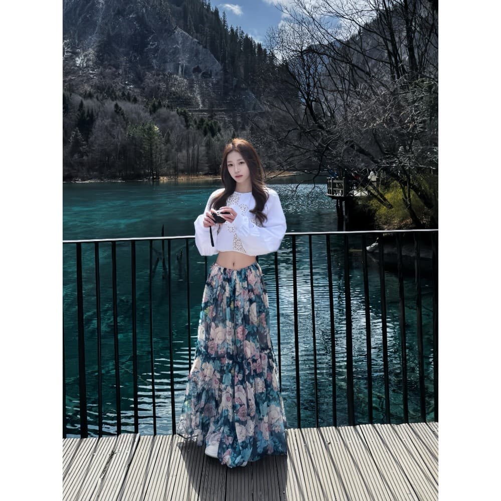 NALYSA Extravagante Sensação Irmã Real Desgaste Estilo Férias à beira-mar Camisa Oca Branca Terno Saia Estampada Verde