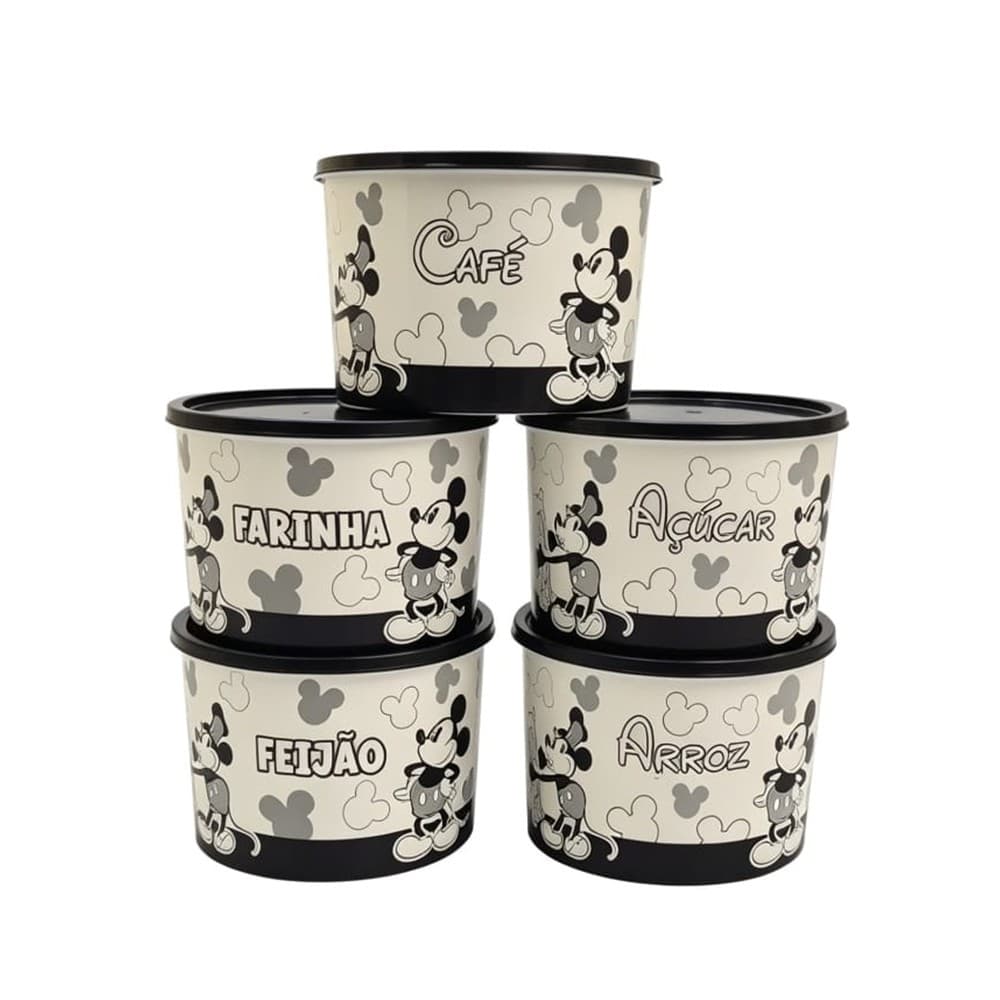 KIT 5 POTES MICKEY MOUSE PORTA ALIMENTO PLÁSTICO MULTIUSO PRETO/BRANCO 2 LITROS (ARROZ, FEIJÃO, AÇÚCAR, FARINHA E CAFÉ)
