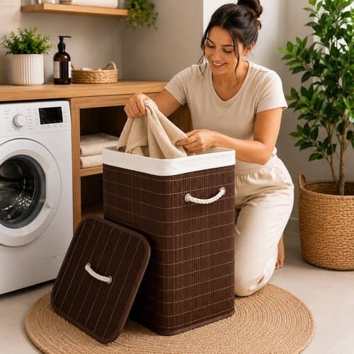 Cesto Organizacao Bambu Tampa Alcas Grande Capacidade 70 Litros Marrom