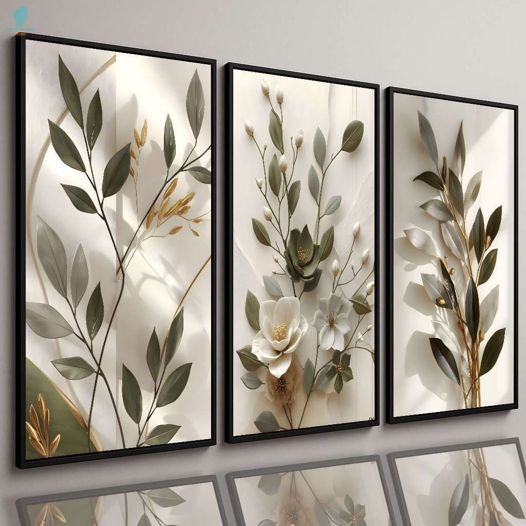 Quadros Decorativos Trio Botânico Flores Branca com Ramos Verde Luxo Sala Quarto