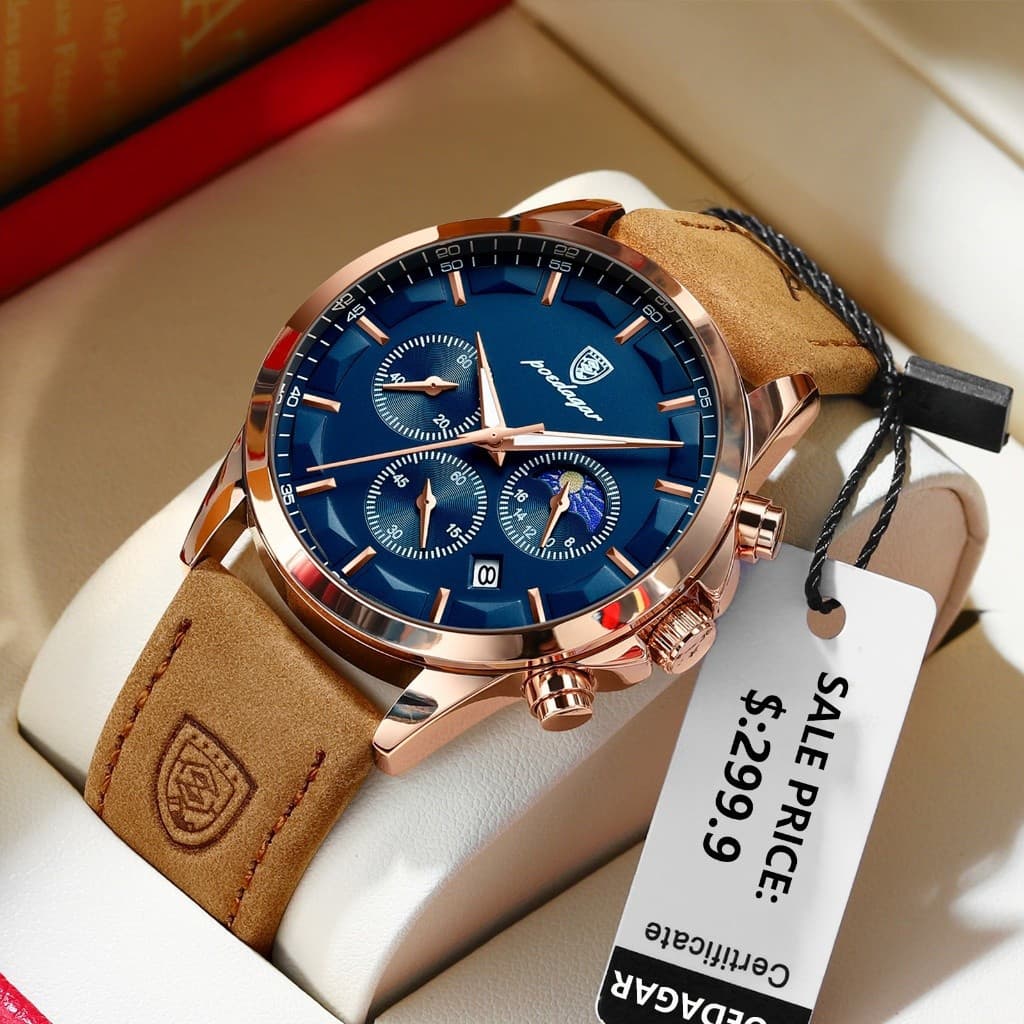 Relógio Cronógrafo Esportivo Masculino POEDAGAR, Relógio de Pulso Casual de Quartzo com Pulseira de Couro, Calendário e