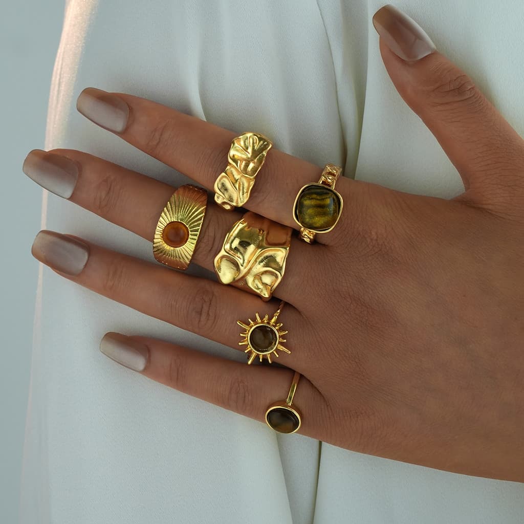 6 Pçs/Set Vintage Sol Flor Olho De Tigre Anéis De Pedra Para Mulheres Irregular Cor Dourada Estética Abertos Moda Jóias