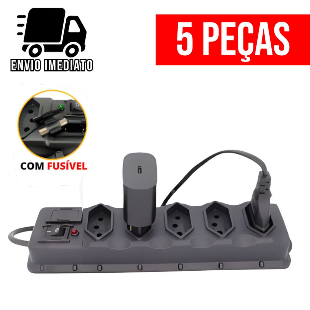Kit 5 Filtro de Linha 5 Tomadas Régua de Tomada com Fusível Extensão Elétrica Bivolt Tripolar