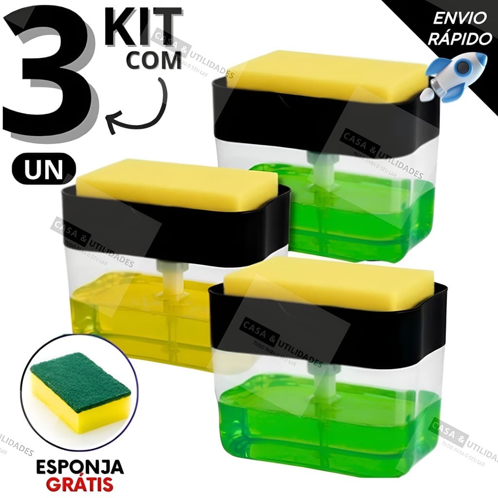 Kit 3 Dispenser de Detergente Porta Sabão Líquido com Suporte Para Bucha e Esponja Limpeza Cozinha