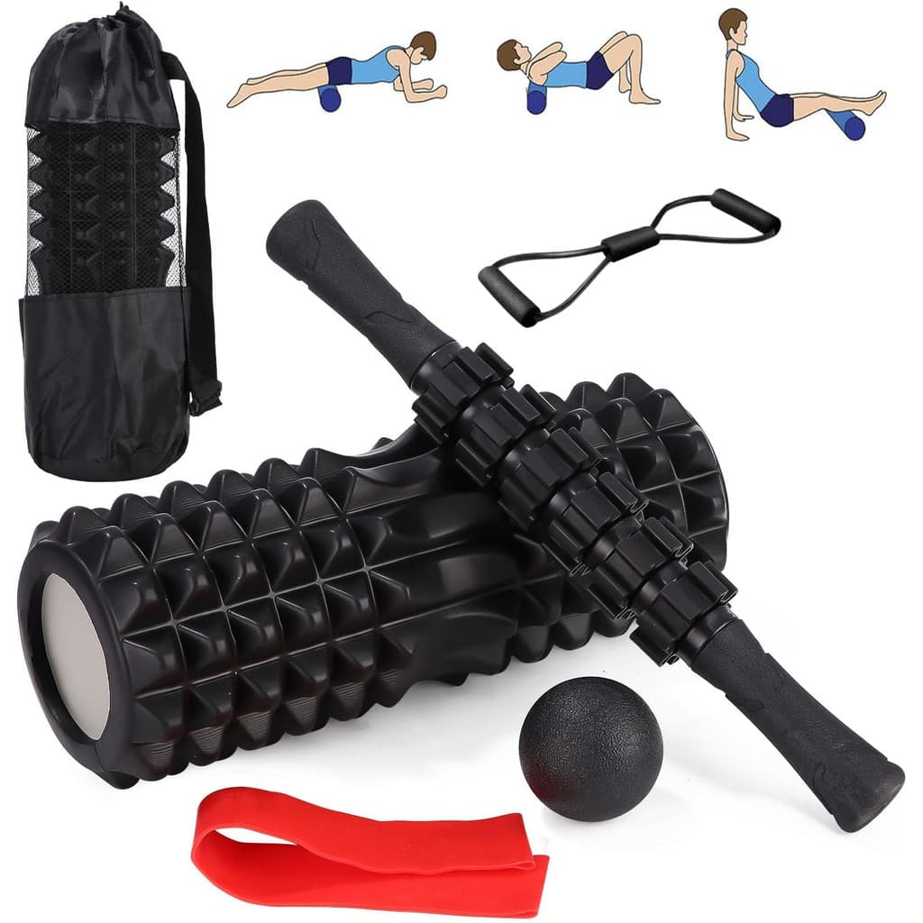 Kit 5 em 1 Massagem Muscular - Rolo Foam, Bola Lacrosse, Faixa Elástica + Bolsa