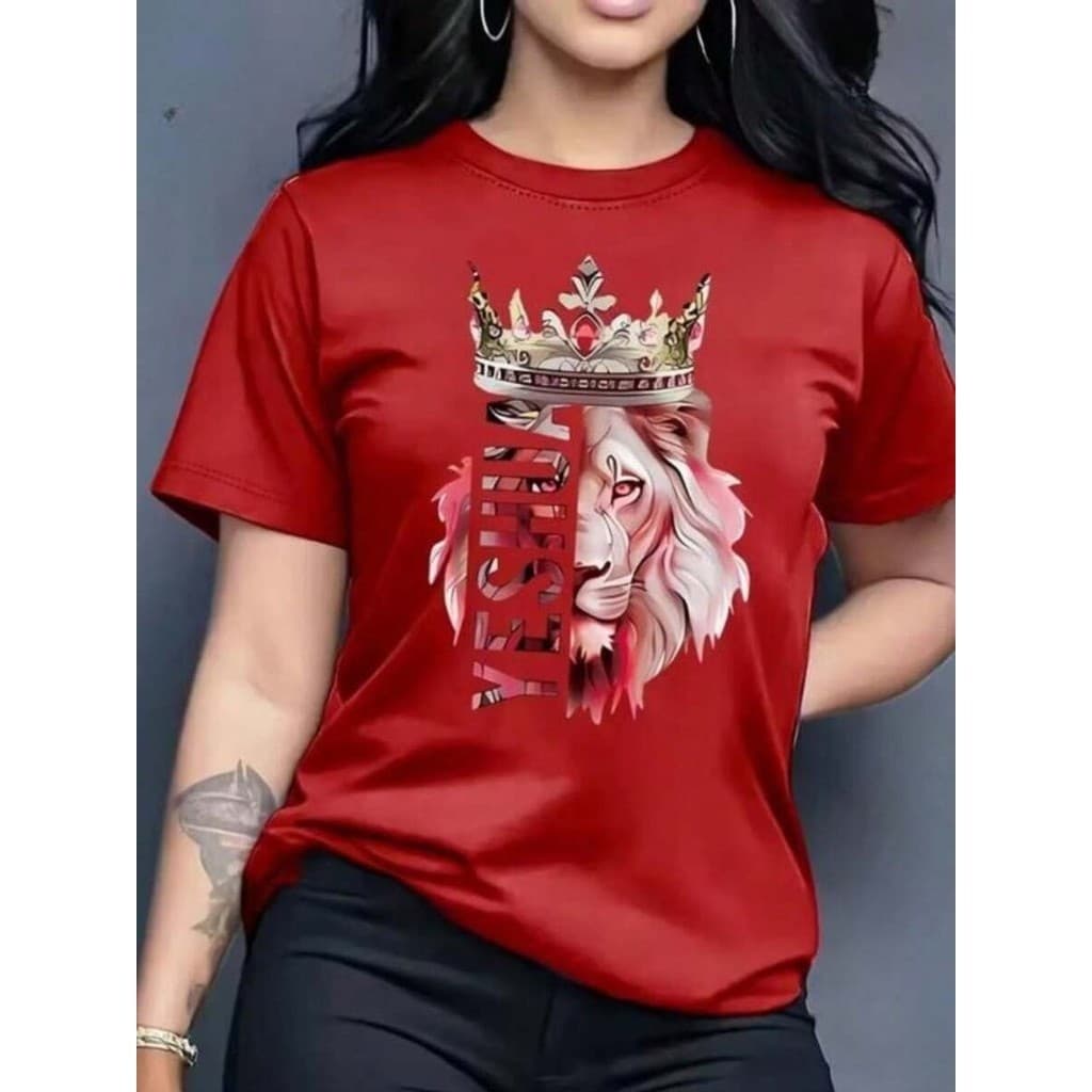 Camiseta Feminina Algodão Blusa Leão Coroa Yeshua Malha 30.1 Manga Curta Camisa Gola Redonda