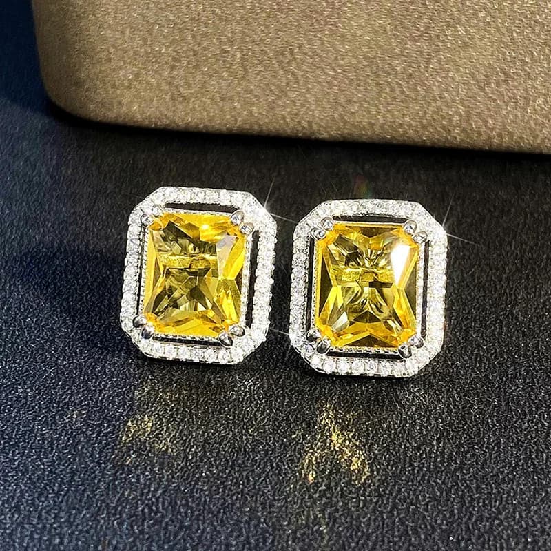Brincos de zircônia em cubo amarelo quadrado em prata esterlina 925, adequados para mulheres, brilhantes, adequados para