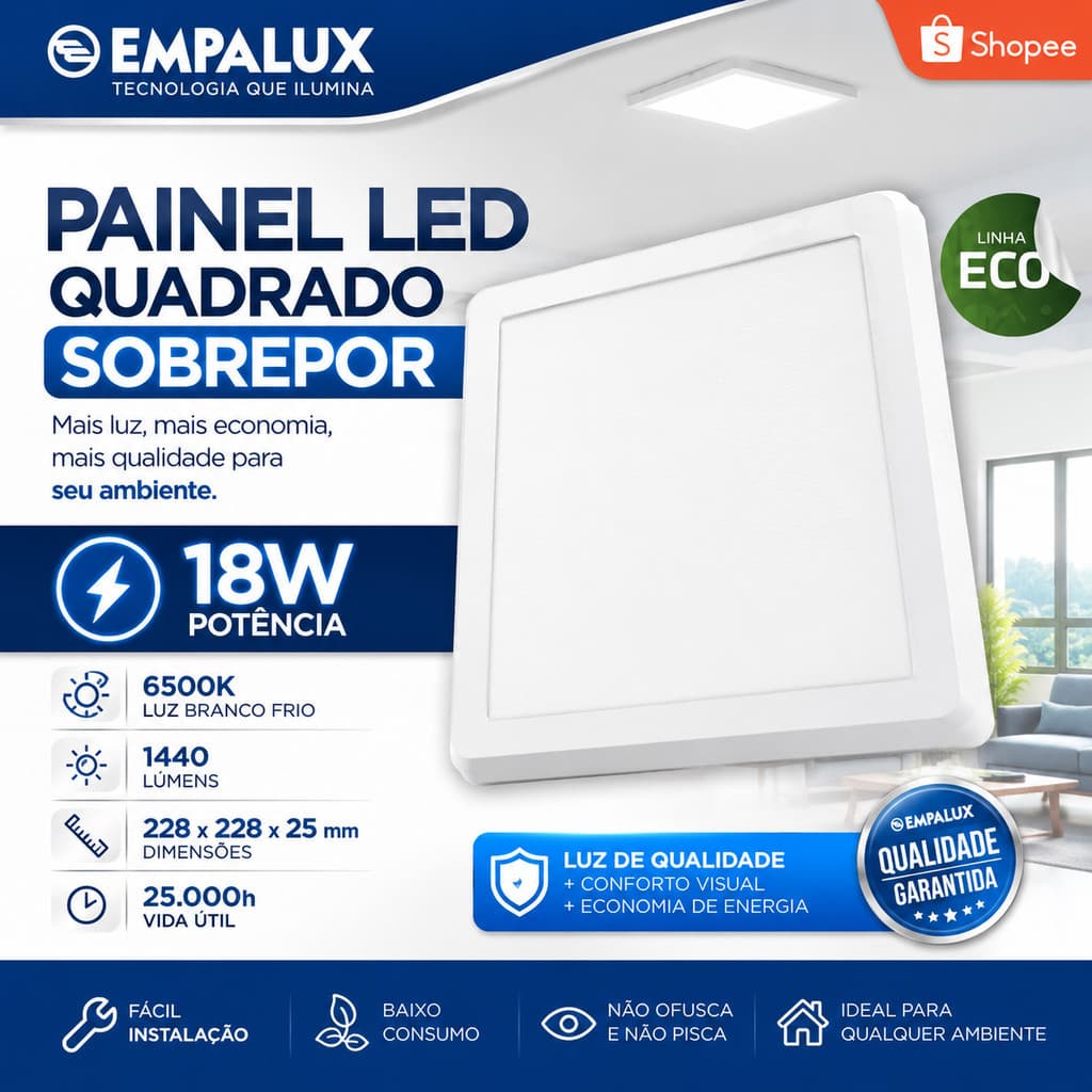 Painel LED Sobrepor Quadrado 18W 6500K Plafon Bivolt Luz Branca Fria 22x22cm 1.440LM