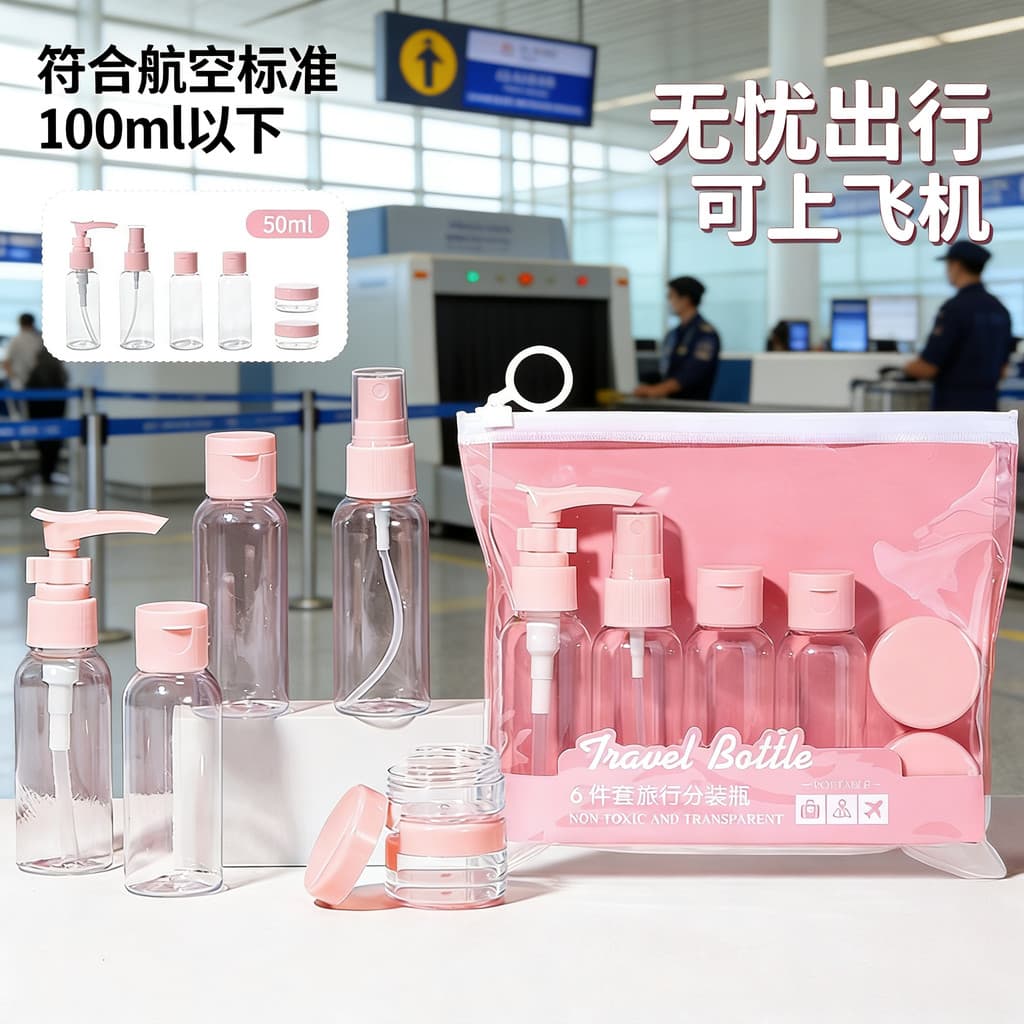 Conjunto de 6 peças de cosméticos para viagem, Sub-engarrafamento, Toner, removedor de maquiagem, frasco de Spray de álc