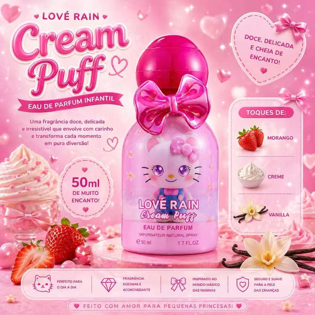 Perfume Infantil Importado Feminino Doce Morango Baunilha Fragrância Delicada Longa Duração 30ml Cream Puff Lové Rain