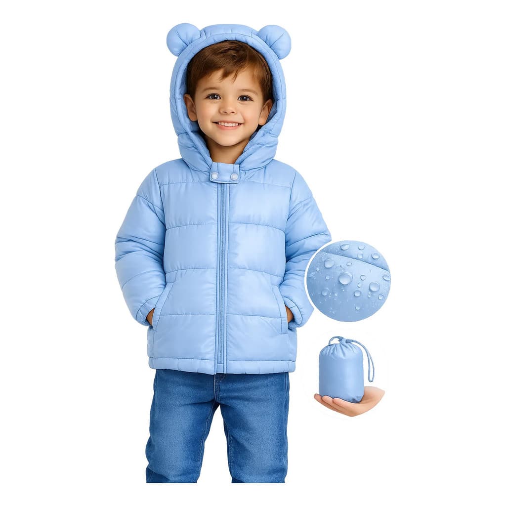 Jaqueta Puffer Bobojaco Bebê C/ Orelhinha Menino Menina Azul Celeste Liso