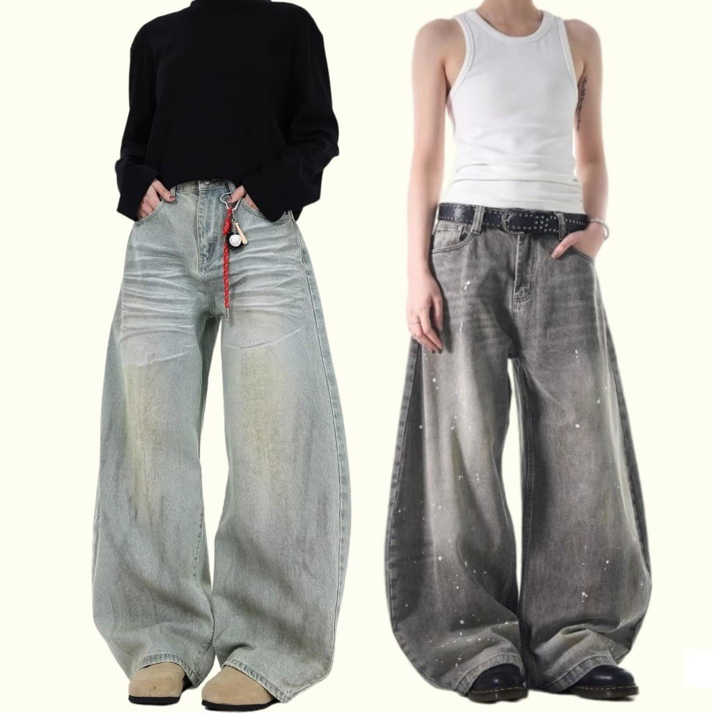 Calças jeans Largas Faca Dobrável Americano Retro Perna Larga Magro Ajuste L