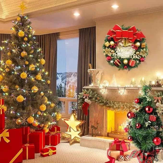 Guirlanda De Natal Para Porta De Ouro Janela Decorações 40cm