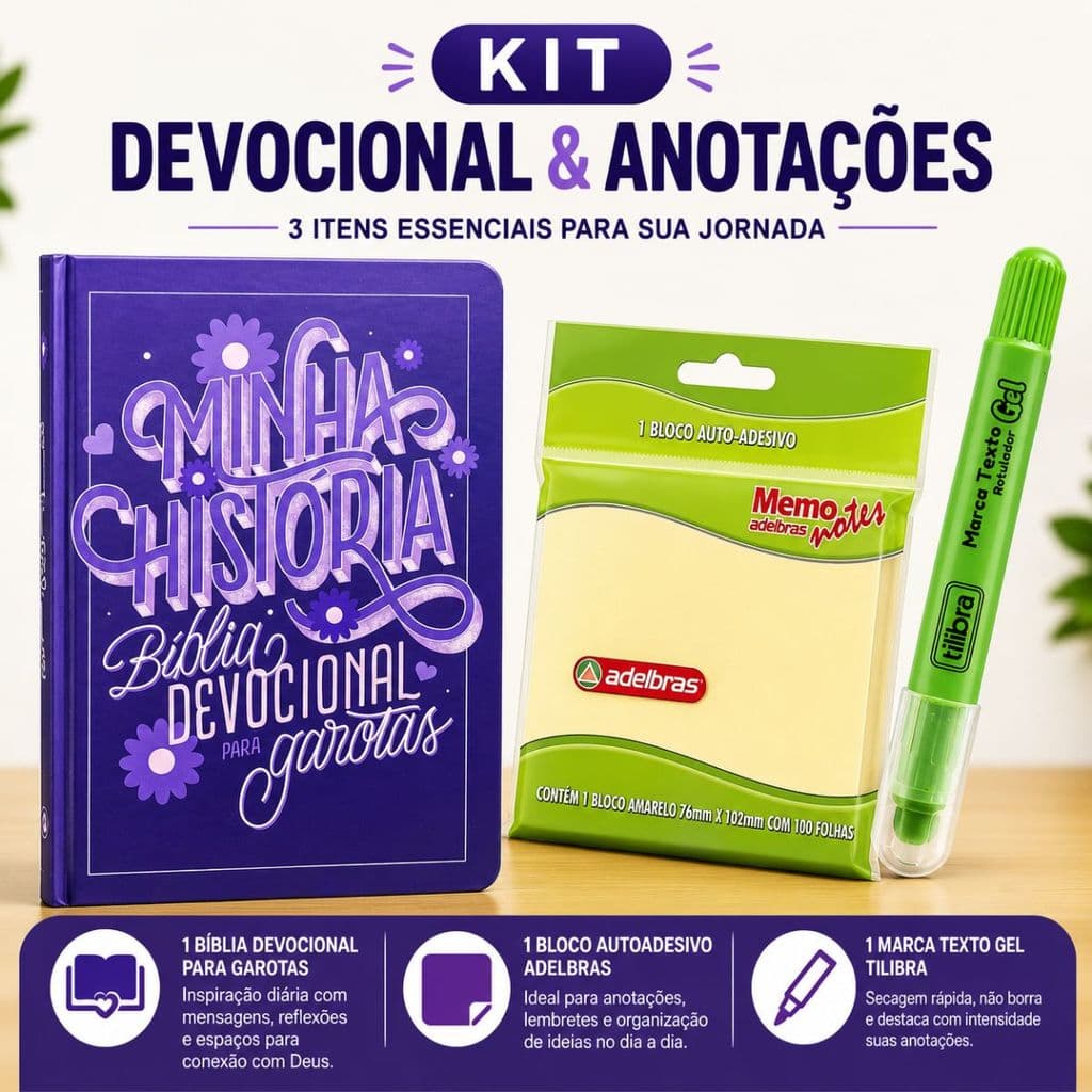 Kit Bíblia Devocional Para Garotas + Bloco Adesivo + Marca Texto