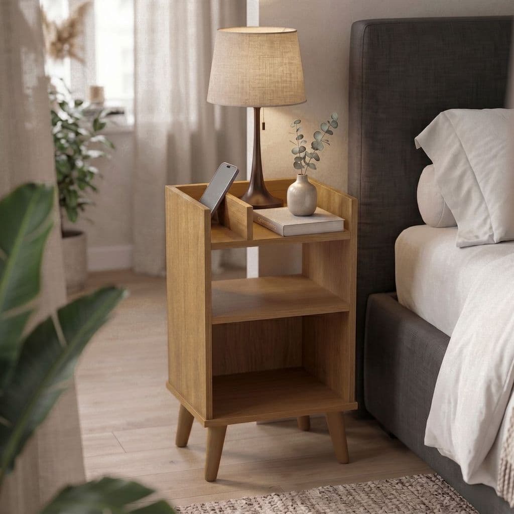 Mesa de Cabeceira Moderna Para Quarto Nicho Prateleira Organização Decoração Pés Madeira