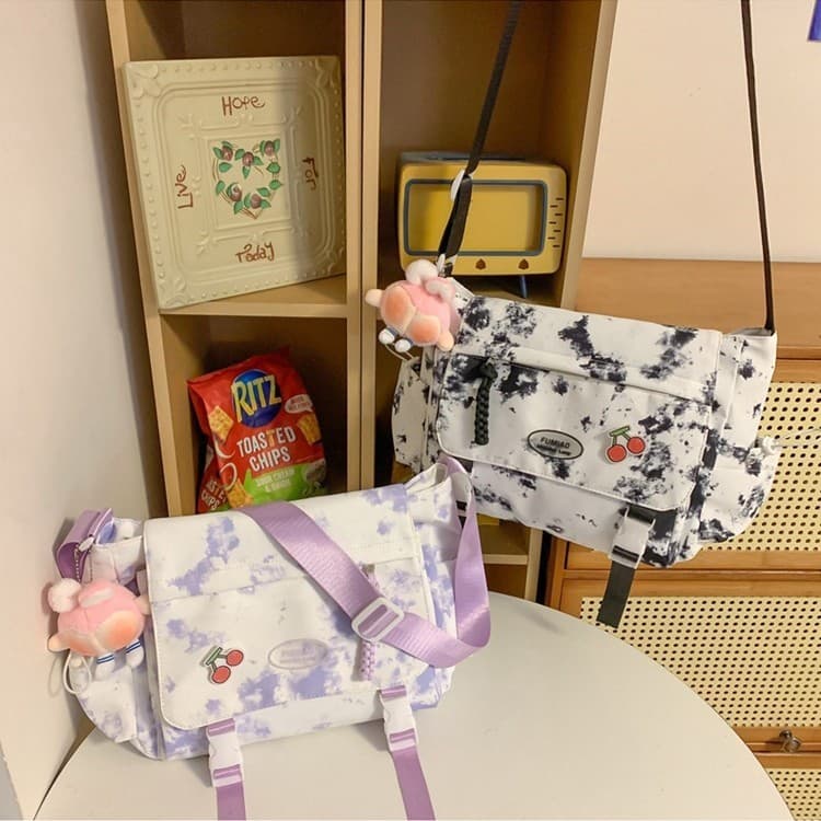 Bolsa Mensageiro Feminina Grande Capacidade Tie-Dye Impermeável em Nylon | Bolsa Tiracolo Estilo Pintura para Estudantes