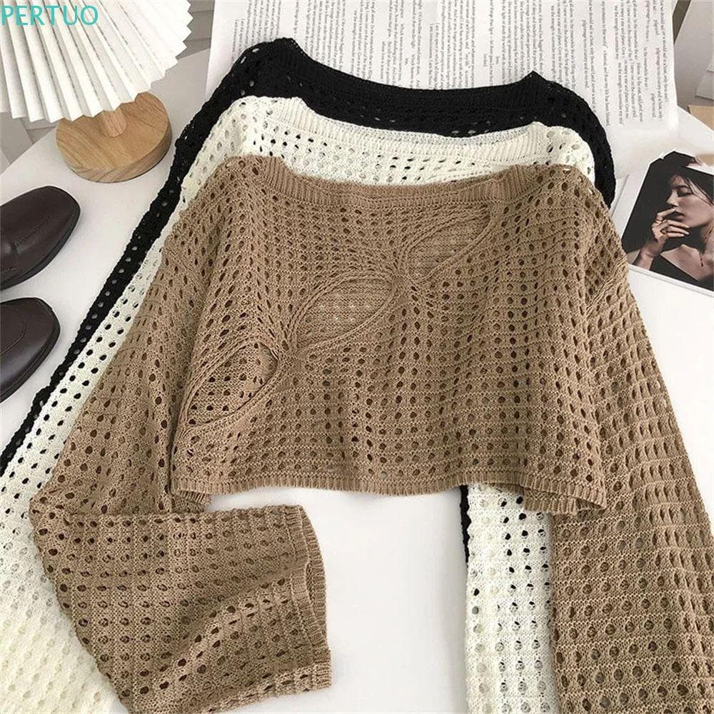 PERTUO Blusa Vazada , Manga Comprida , Solta , Sólida , Recortada , Pulôver , Gola Redonda , Tops De Malha Vazados Y2K
