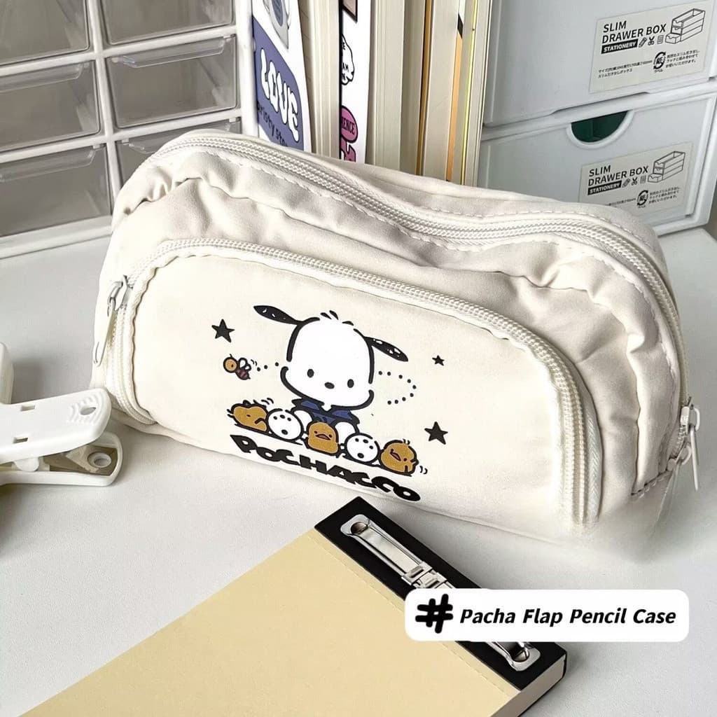 Estojo de lápis de dupla camada Sanrio Pacha Ko, com capa à prova de vento, feito de material de bolsa de armazenamento.