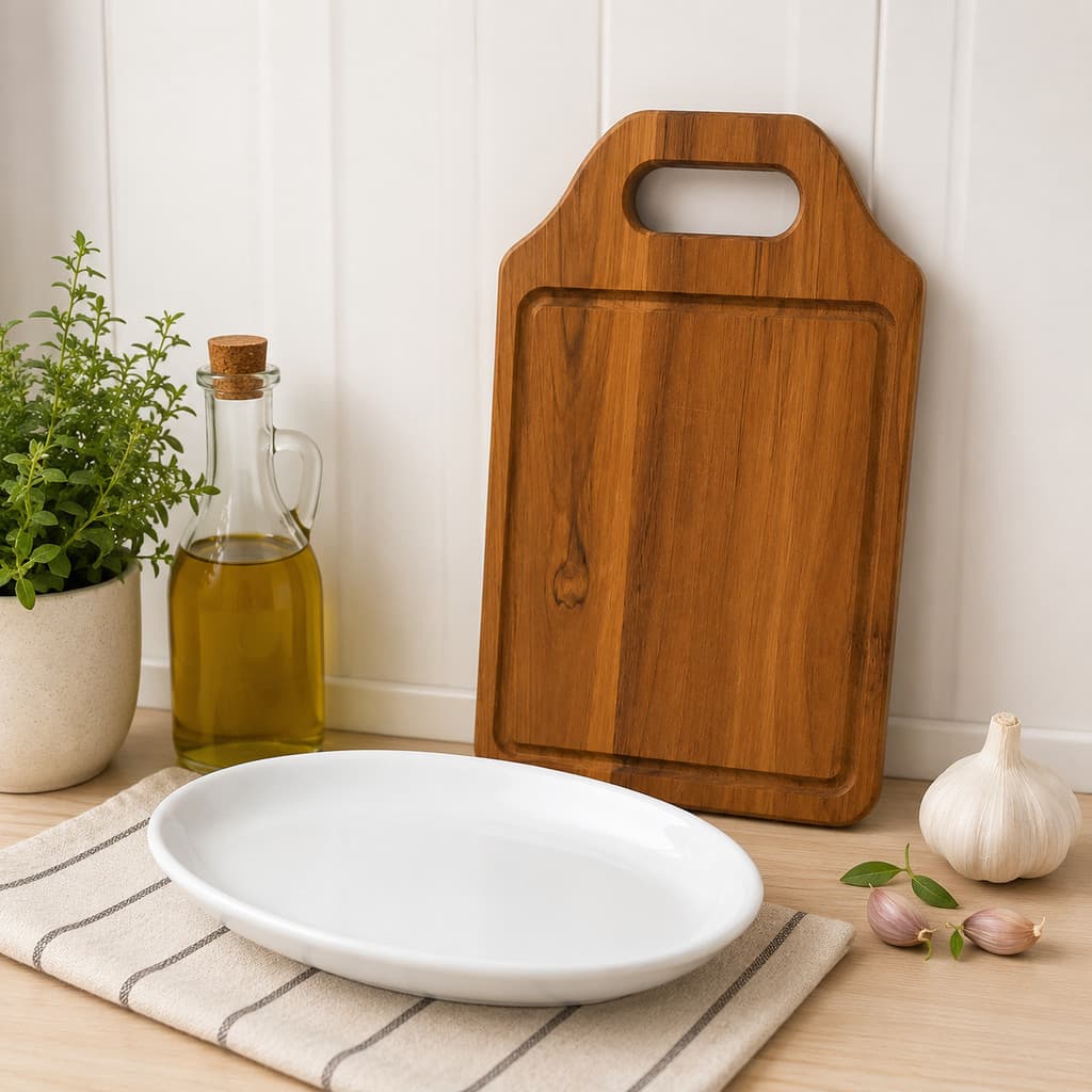 Kit Tábua Madeira Teca Grande com Canaleta + Travessa Porcelana Churrasco Petiscos