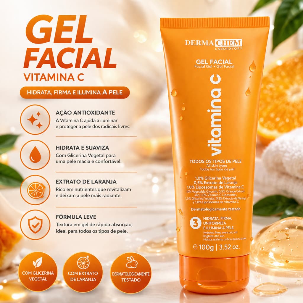Gel Anti-idade Facial Vitamina C  Dermachem 100 g – combate rugas e manchas antissinais
