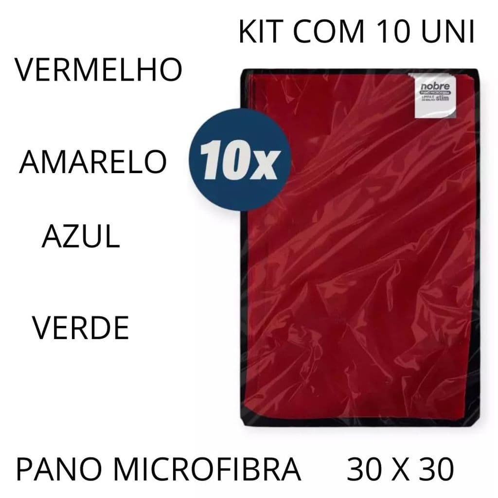 Pano MICROFIBRA 30 x 30cm (pct c/10un) VERMELHO, AMARELO ,AZUL E VERDE Slim - Nobre