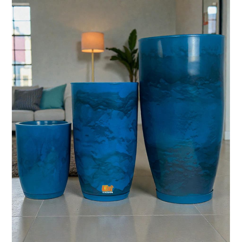 Kit 3 Vasos  P/Planta ou Flores Cone Bojo Marmorizado Polietileno P, M e G Casa Jardim C/Prato