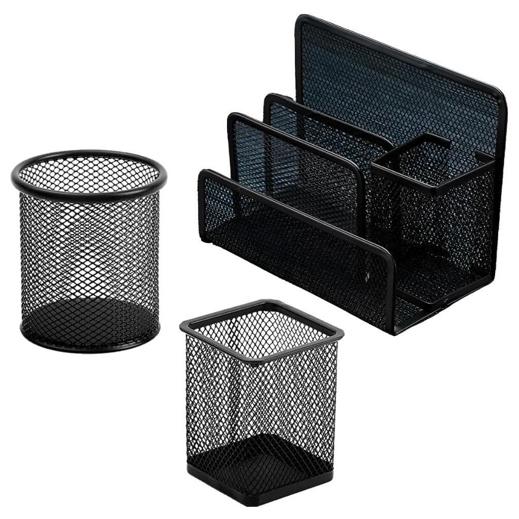 Kit Organizadores de Mesa em Metal com 3 Divisórias e Suporte para Canetas Preto