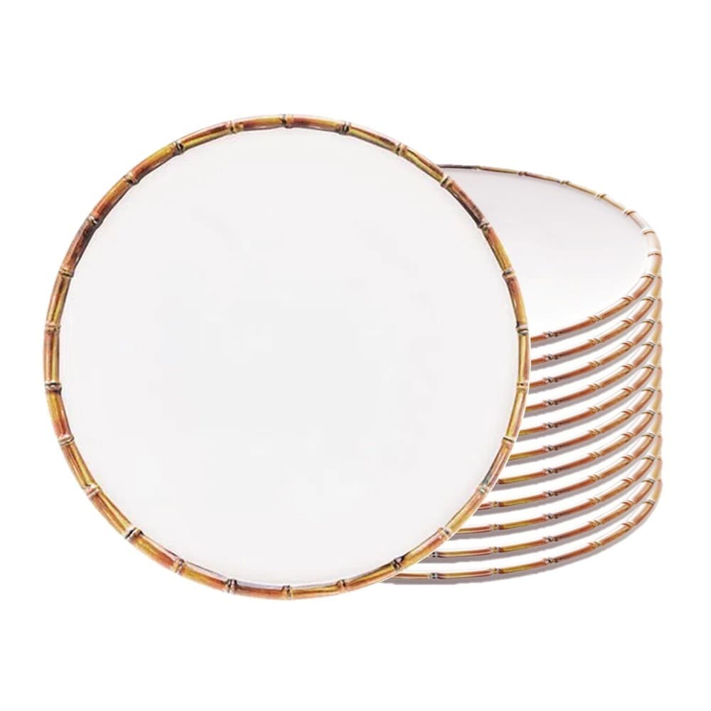 Jogo 12 Prato Raso Branco Borda de Bambu Melamina Branco Wolff 27cm