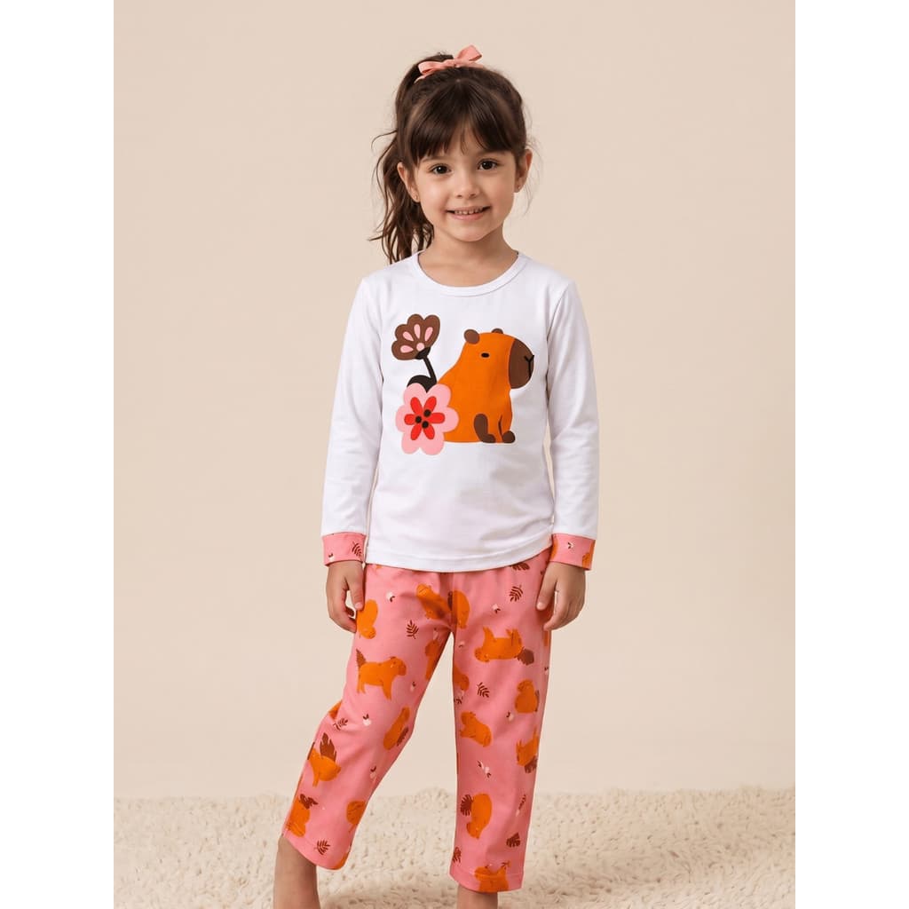 Pijama Feminino Infantil Inverno Conjunto Longo Estampado Fofo Capivara Panda Gato Vaca Confortável