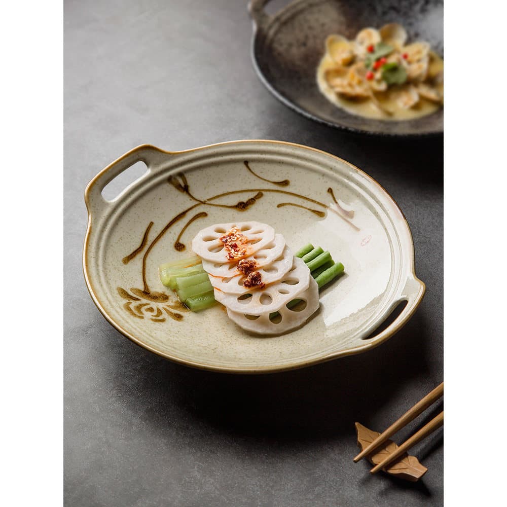 Talheres de cerâmica retrô japoneses Tigelas de orelha dupla Pratos de salada doméstica Pratos de prato Restaurante espe