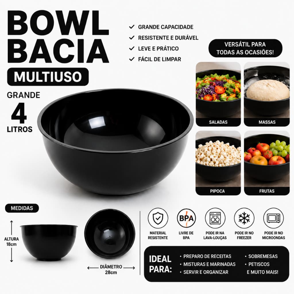 Bowl Bacia Multiuso 4 Litros Grande para Salada Chantilly Frutas Sobremesa Bolos Pipoca Massa Tigela