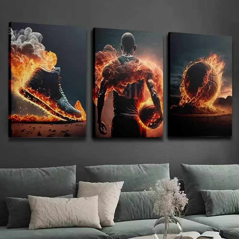 Quadro Decorativo Basquete Tênis e Jogador em Fogo Trio