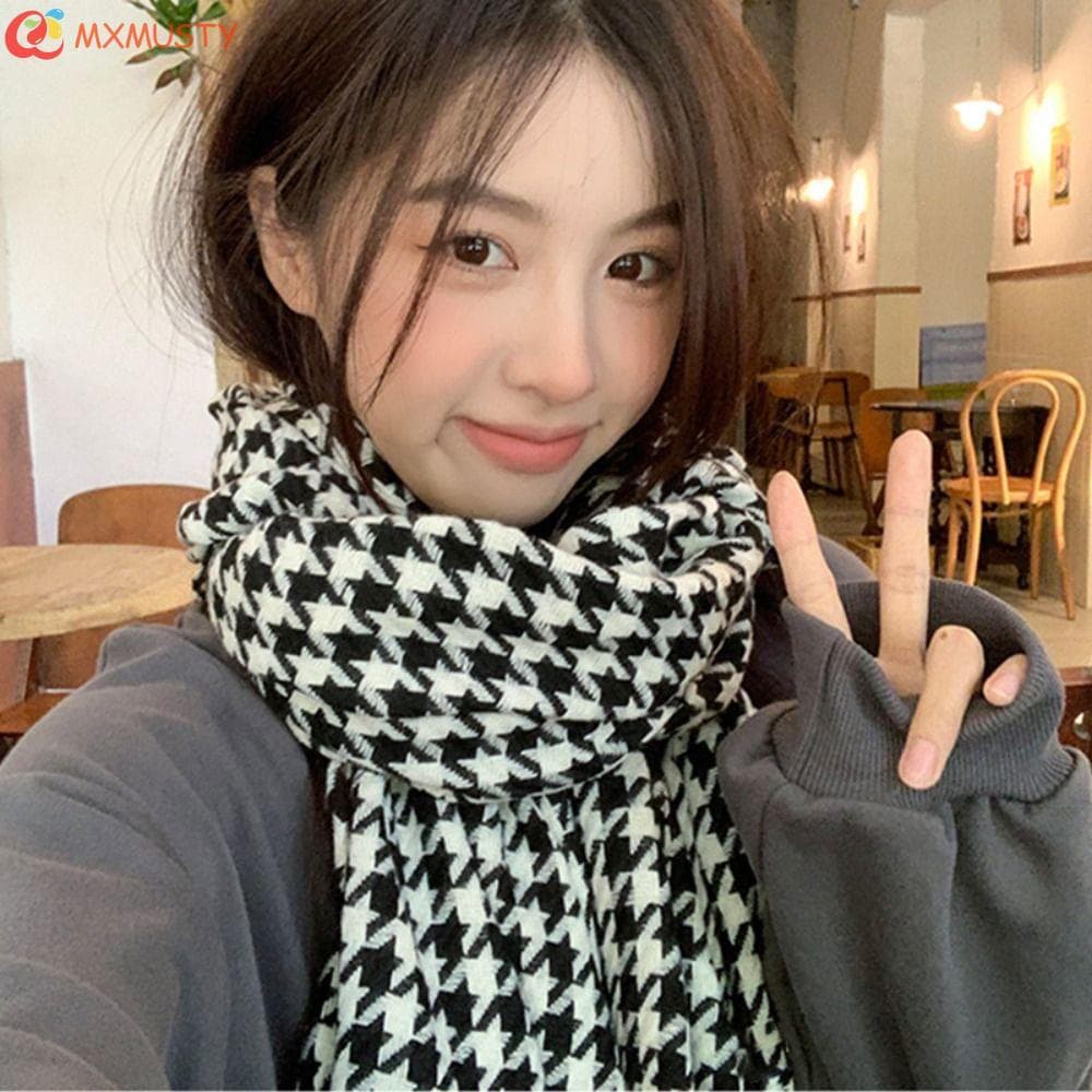 Cachecol Houndstooth De Malha MXMUSTYZA , Lenço Xadrez Engrossado Y2K , Xale De Caxemira De Inverno Quente À Prova De Ve