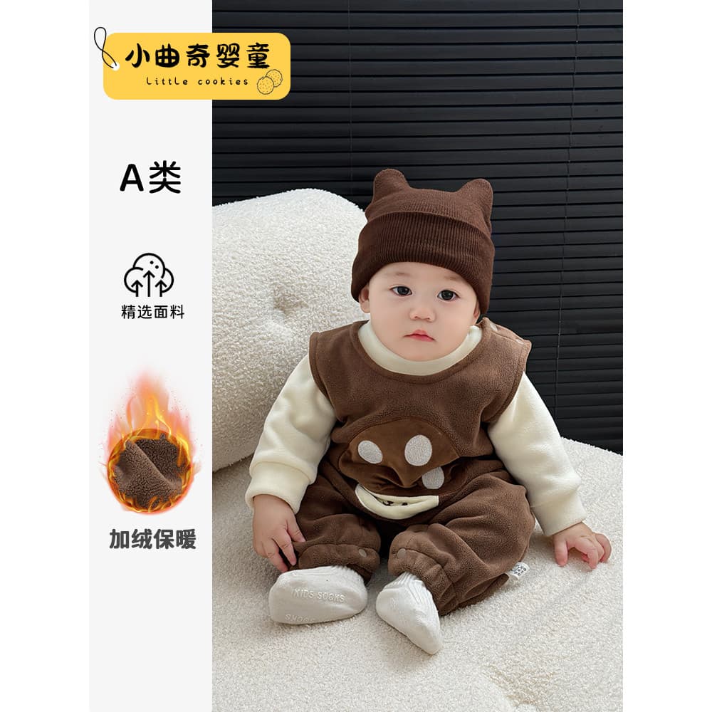 Roupas de inverno para bebês, forro de lã, estilo ocidental, camisa de fundo, macacão fofo, terno de bebê, calças superi