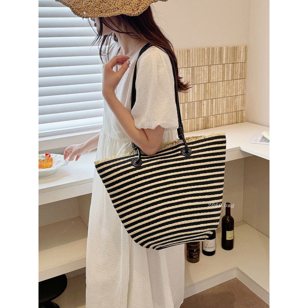 bolsa feminina bolsa femenina Estilo preguiçoso palha listrado balde saco feminino 2026 novo estilo de grande capacidade