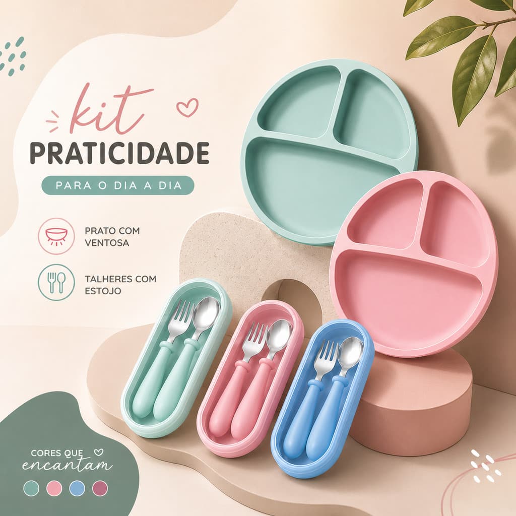 Kit Prato Infantil Silicone Divisorias + Colher e Garfo