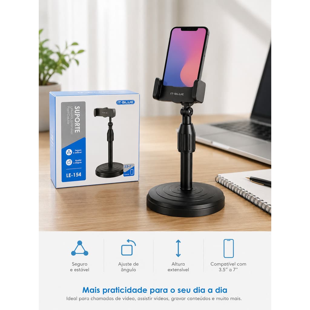 Suporte Universal Extensível para Celular IT-BLUE LE-154 Ajustável de Mesa com Base Estável | Suporte para Smartphone 3,