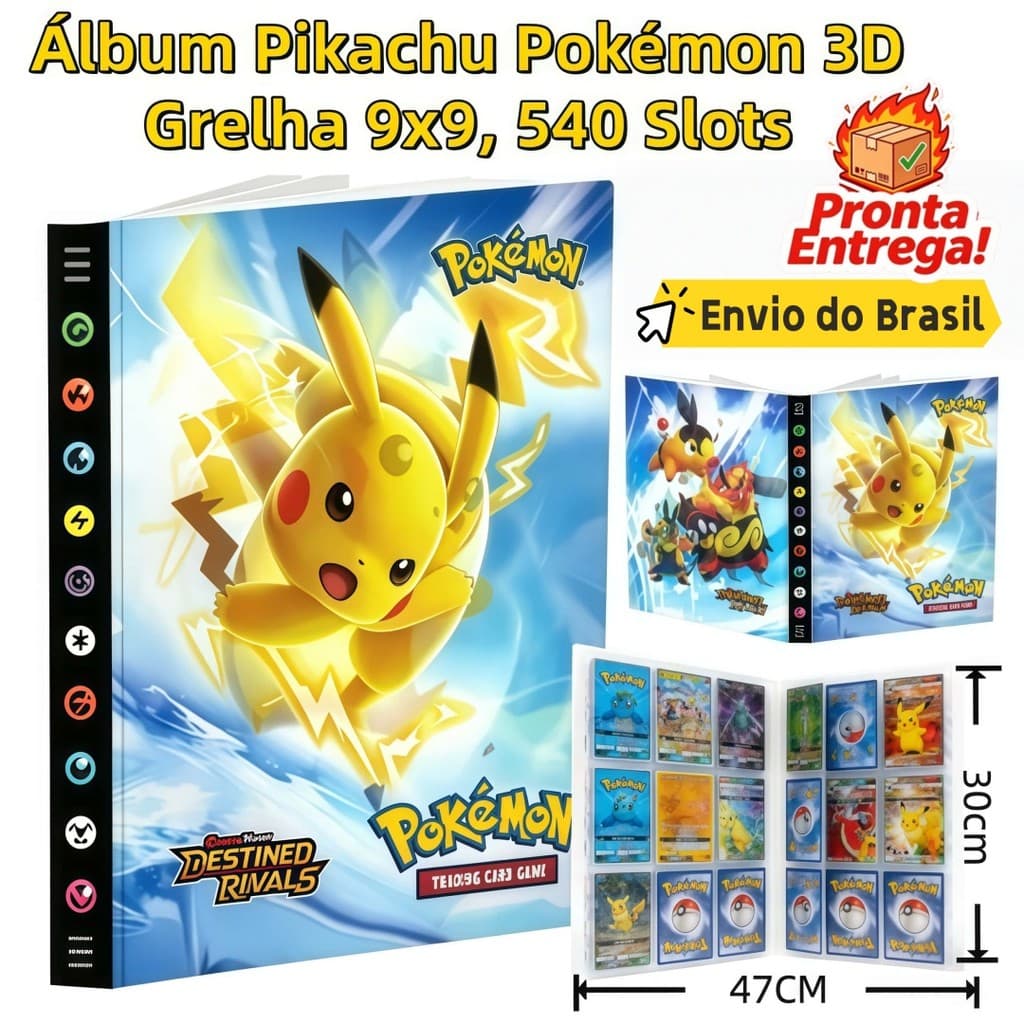 Álbum 3D Pokémon 240/540 Slots – Pikachu,Organiza e Protege Cartas, Ideal para Pokémon TCG e YuGiOh!