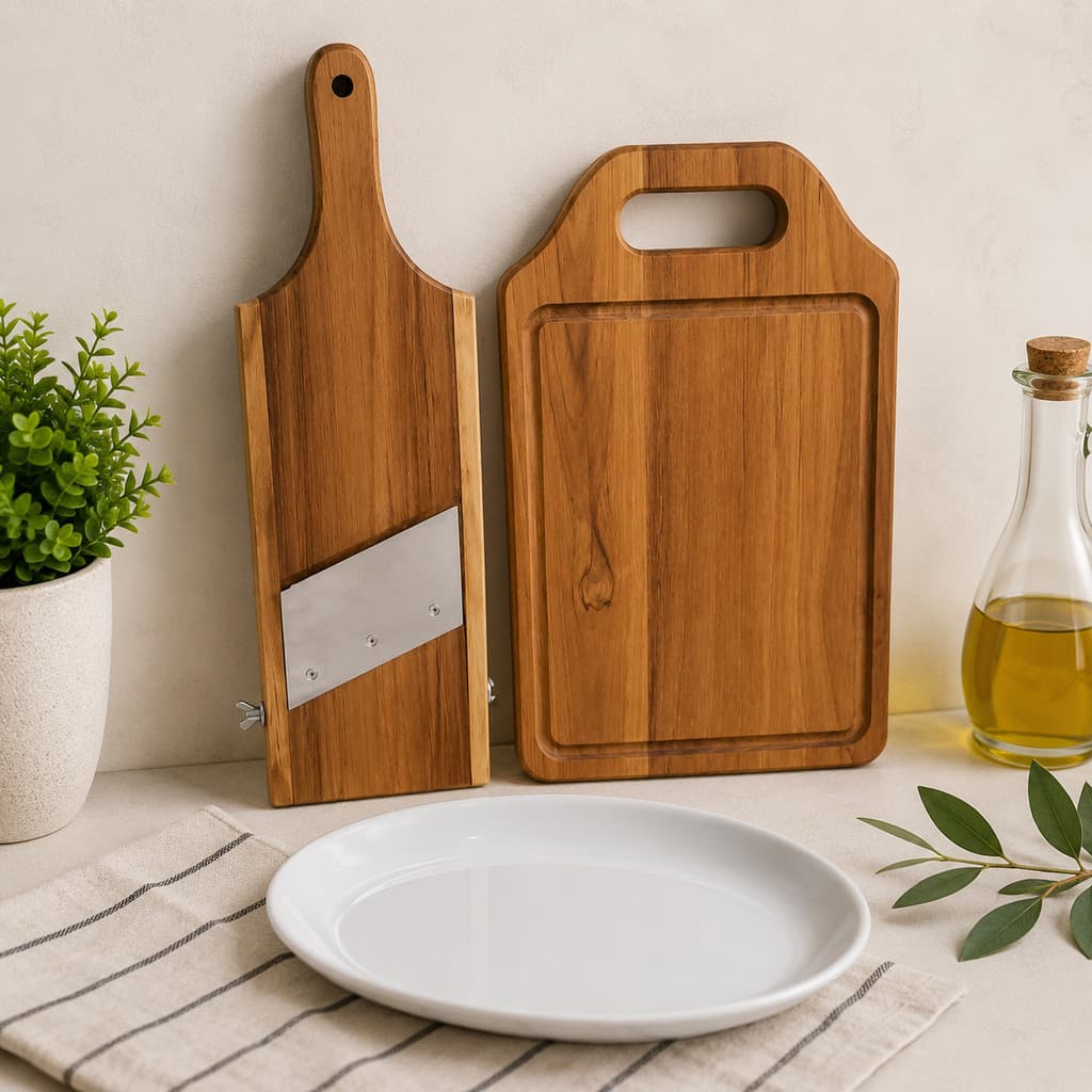 Kit Mandoline Fatiador Legumes Madeira + Tábua Madeira Teca + Travessa Porcelana